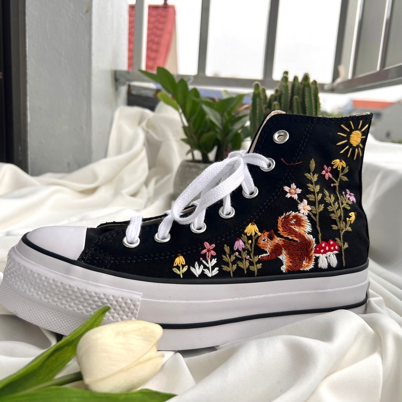Squirrel, Mushroom, and Floral Converse Embroidery