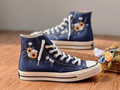 White and Yellow Flowers Converse Embroidery