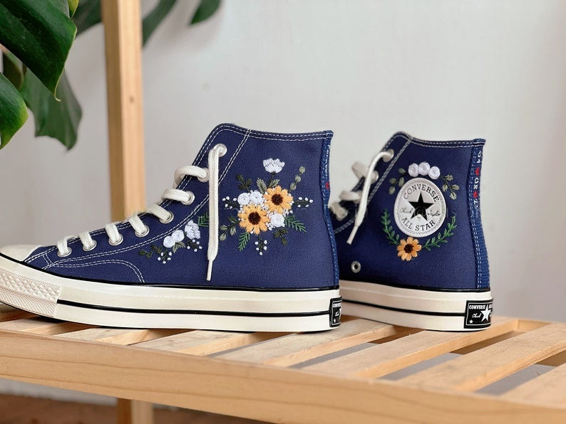 White and Yellow Flowers Converse Embroidery