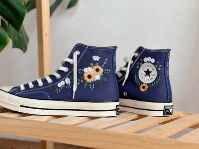 White and Yellow Flowers Converse Embroidery