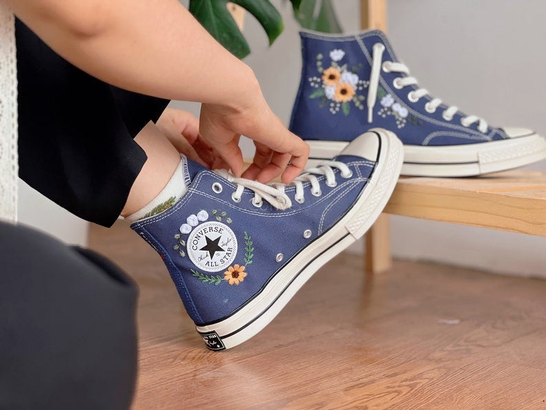 White and Yellow Flowers Converse Embroidery