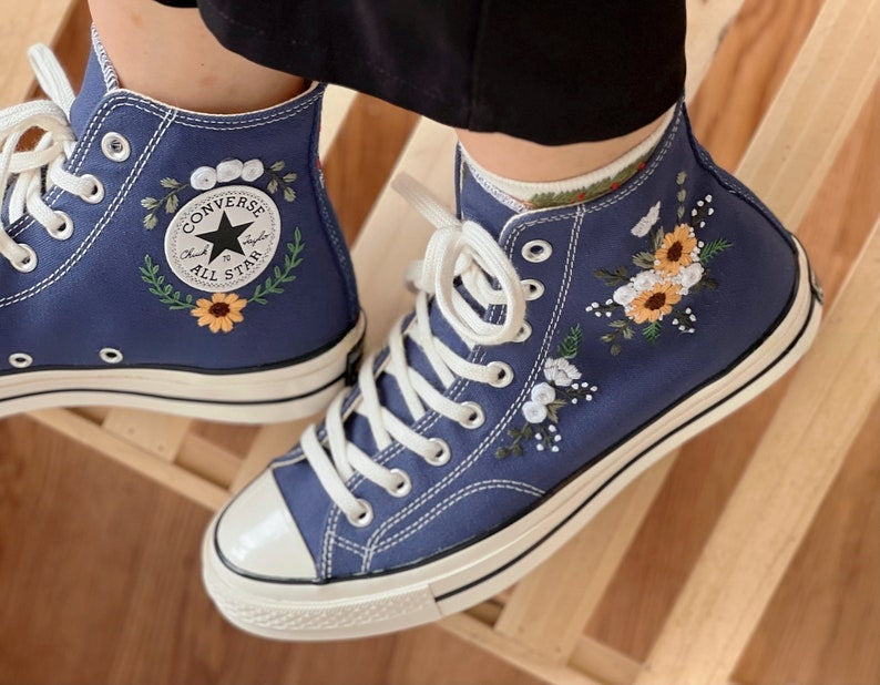 White and Yellow Flowers Converse Embroidery