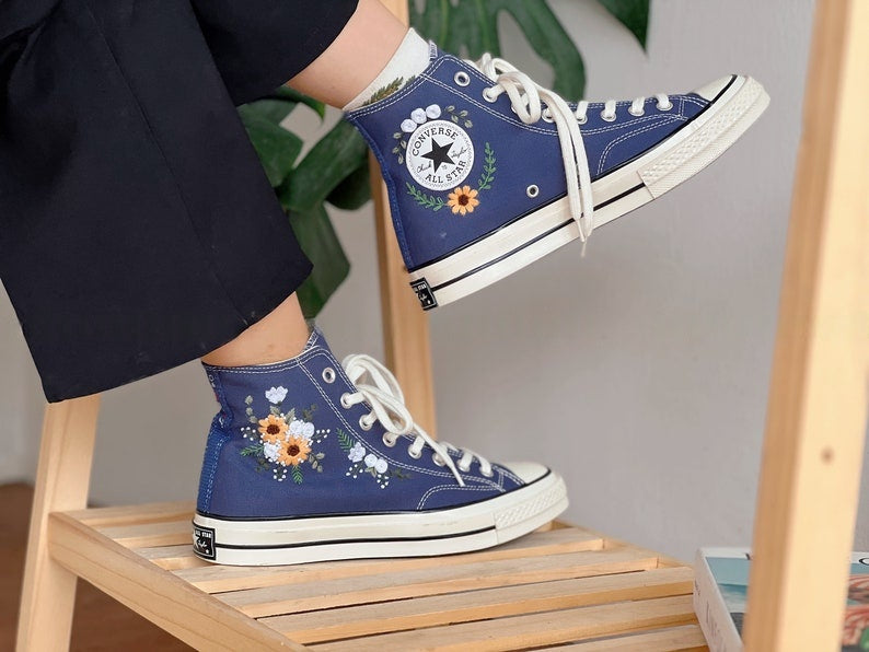 White and Yellow Flowers Converse Embroidery